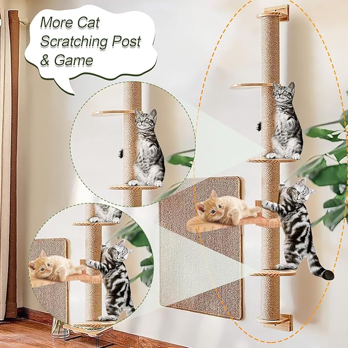 Tall Cat Tree,Indoor Wall-Mounted Cat Scratching Post,4 Tier Floor to Ceiling Cat Tower,Suitable for Cats Climb, Scratch, Lookout and Play(Height 76.8 in)