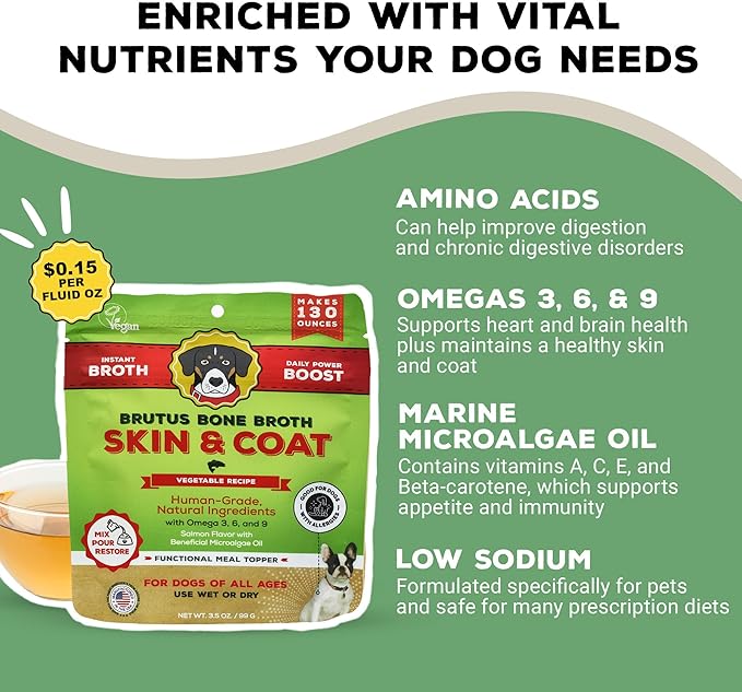 Brutus Broth Dog Food Topper - Vegetable Instant Broth Powder for Adult Dogs’ Skin & Coat - Made with Natural Ingredients - Serve Dry or Wet - Vegetable Flavor - 3.5 oz Pack (Makes 130 oz with Water)