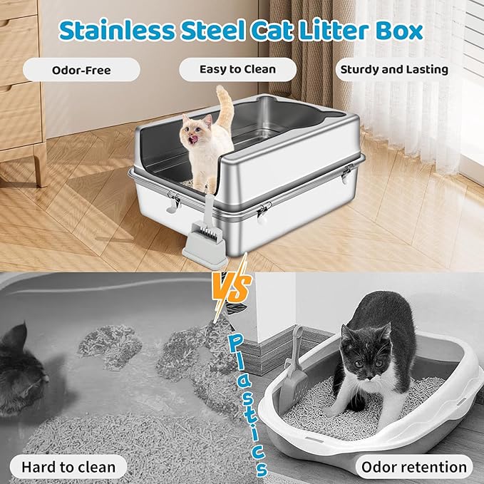 Extra Large Stainless Steel Cat Litter Box, 27.5" L x 19.7" W x 12" H XXXL Semi Enclosed Removable Metal Litter Tray with High Sided Enclosure, Scoop, Anti-Leakage, Non-Sticky, Easy Cleaning