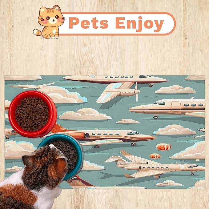 Plane Airplane Dog Food Mat for Floors Absorbent, Quick Dry Water Dispenser Mat for Food, Water, Pet Supplies 24" x 32", White Clouds
