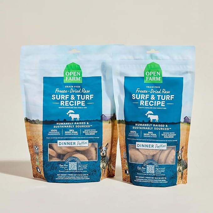 Open Farm, Freeze Dried Raw Dog Food, Patties with 95% Meat, Organs & Bone, Complete Meal or Freeze Dried Dog Food Mixer, Surf & Turf Recipe, 17.5oz Bag