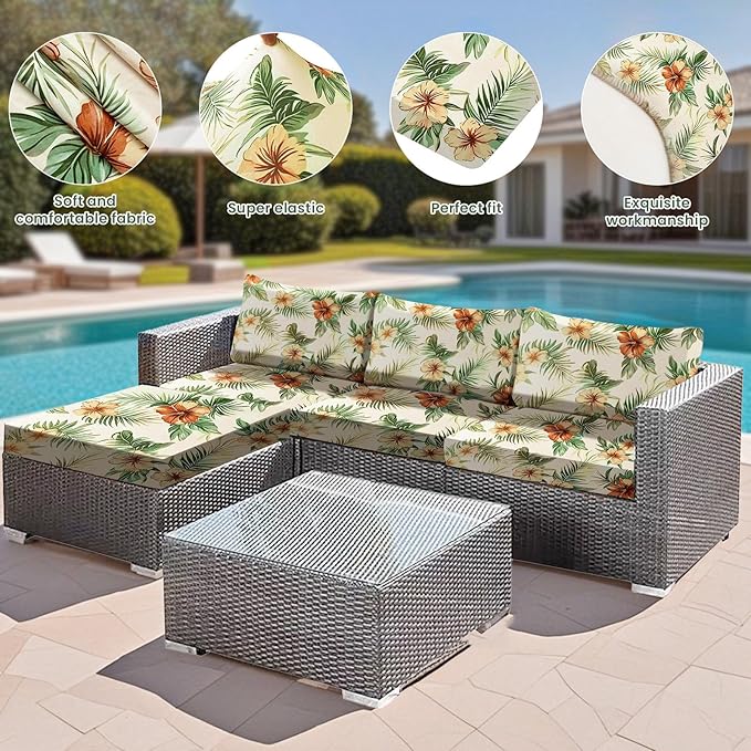 HANDONTIME 8Pcs Outdoor Patio Cushion Covers Floral Leaves Stretch Couch Cushion Cover Patio Couch Slipcover for Outdoor/Indoor Washable Non-Slip Furniture Protector for Pet (Green, Cover Only)