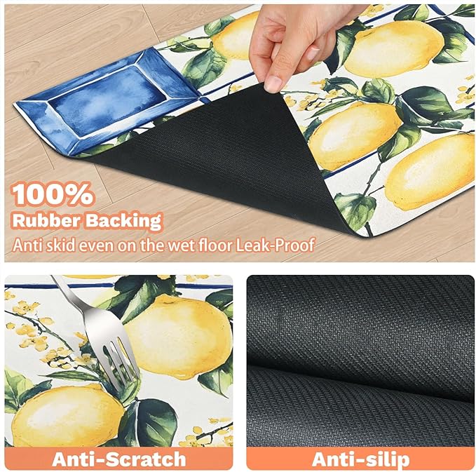 Lemon Dog Food Mat for Floors Absorbent Dog Bowl Mat for Food and Water Dispenser Quick Dry Cat Food Placemat Pet Supplies 17" x 30", Tile Leaves