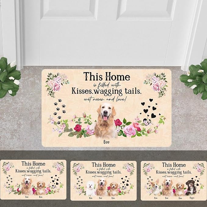Personalized Dog Cat Doormat, Personalized Gift for Dog Lovers, Dog Dad, Dog Mom,Custom Pet Door Mat for Outdoor,Indoor,Floral Home Door Mat-24x16inch(Up to 5 Dog)
