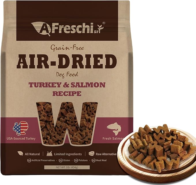 A Freschi srl Air-Dried Puppy & Adult Dog Food - Real Turkey & Salmon Recipe | Grain-Free | High-Protein for Toy, Small & Large Breeds | Ideal for Picky Eaters, 1 lb Starter Bag