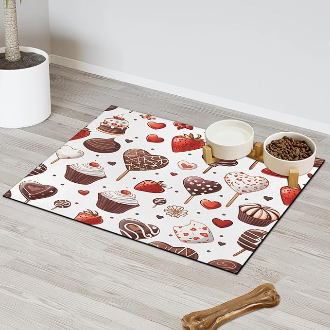Chocolate Cake Dog Food Mat for Floors Absorbent Dog Bowl Mat for Food and Water Dispenser Quick Dry Cat Food Placemat Pet Supplies 16" x 24", Strawberry Print