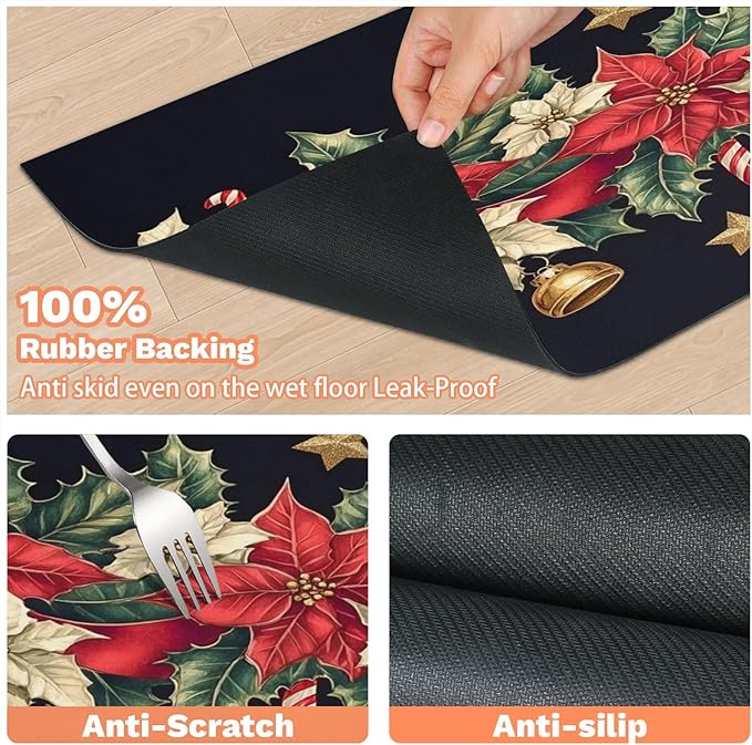 Red Poinsettia Dog Food Mat for Floors Absorbent, Quick Dry Water Dispenser Mat for Food, Water, Pet Supplies 24" x 32", Bell Star