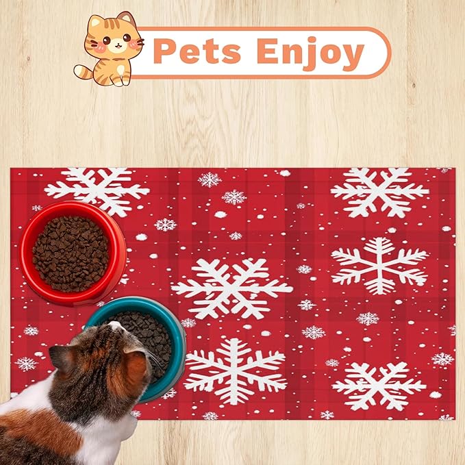 Xmas Snowflake Dog Food Mat for Floors Absorbent, Quick Dry Water Dispenser Mat for Food, Water, Pet Supplies 12" x 20", Christmas Snowflake