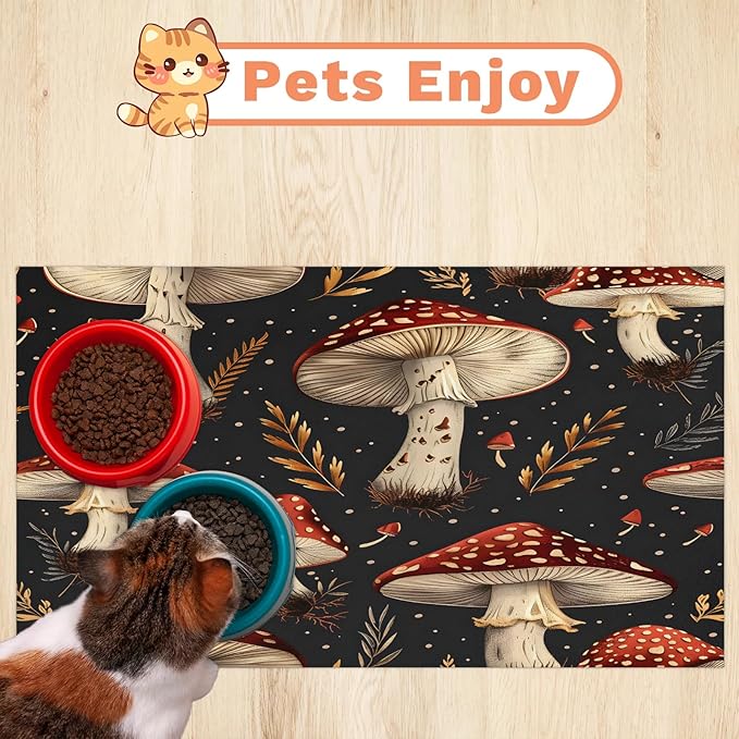 Red Mushroom Dog Food Mat for Floors Absorbent Dog Bowl Mat for Food and Water Dispenser Quick Dry Cat Food Placemat Pet Supplies 24" x 32", Leaves