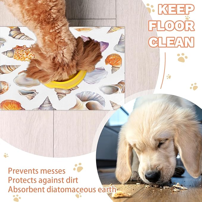 Seashell Dog Food Mat for Floors Absorbent Dog Bowl Mat for Food and Water Dispenser Quick Dry Cat Food Placemat Pet Supplies 24" x 32", Coastal Beach