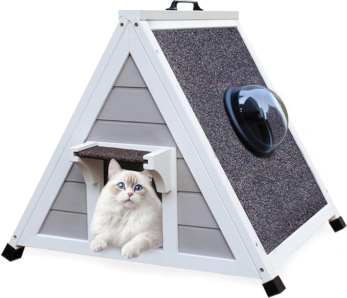 Deblue Weatherproof Cat House for Feral Cats, Outdoor Cat House for Small Cats, Unique Wooden Cat Shelter with Escape Door, Clear Window Fits for Small Pets - Grey