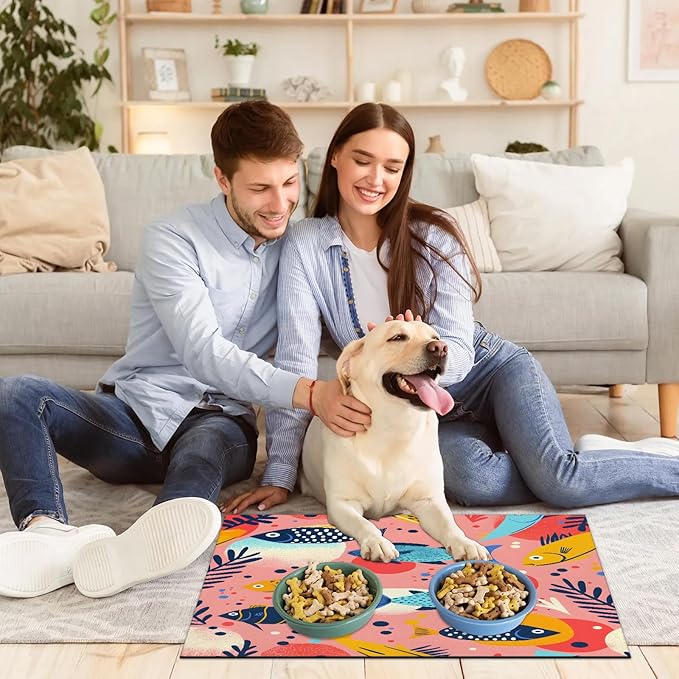 Tropical Fish Dog Food Mat for Floors Absorbent Dog Bowl Mat for Food and Water Dispenser Quick Dry Cat Food Placemat Pet Supplies 16" x 24", Coral
