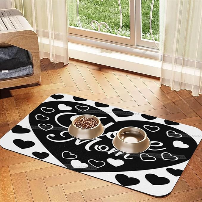 Dog Food Mats for Floors Happy Mother's Day Floral Gift Mom Black Absorbent Pet Cat Food Mat Quick Dry Dog Bowl Mats for Water Pet Supplies 18X12In