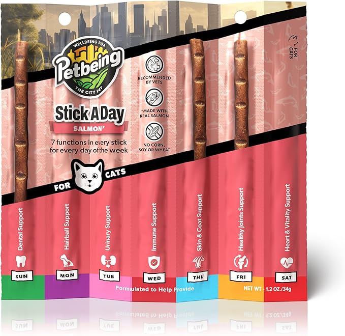 Stick a Day Cats | Specially Formulated 7-in-1 Functions Daily Real Meat Supplement for Cats | Cat Chew Stick & Pet Vitamins Supplements Combination (7-Pack x 4, Mix)