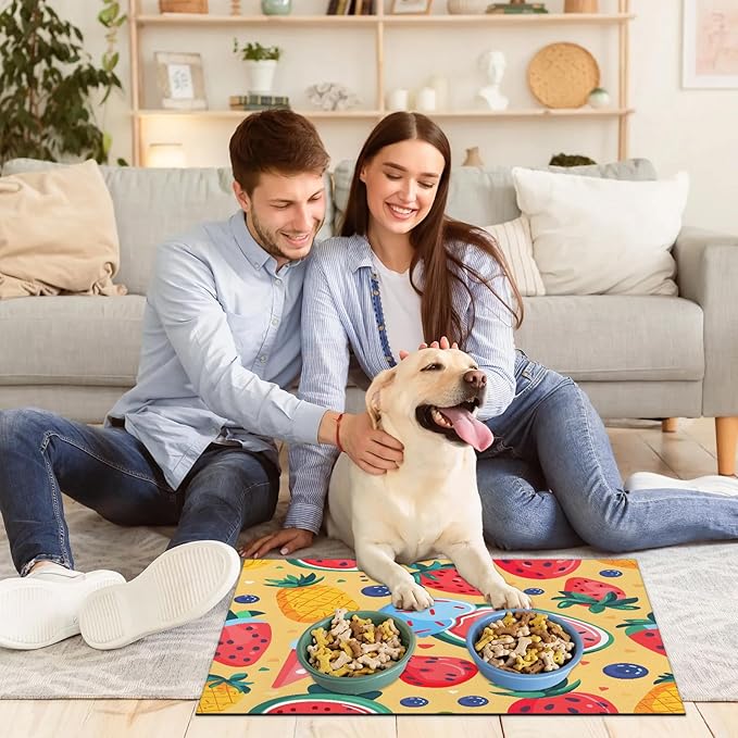 Ice Cream Dog Food Mat for Floors Absorbent Dog Bowl Mat for Food and Water Dispenser Quick Dry Cat Food Placemat Pet Supplies 16" x 24", Watermelon Strawberry