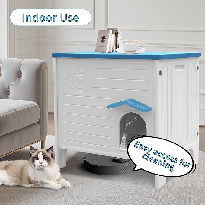 Rockever Insulated Outdoor Cat House, Waterproof Cat House for Outdoor Cats with Escape Door, Plastic Feral Cat House Outdoor Indoor, Spacious and Clean Easily (Blue,L)