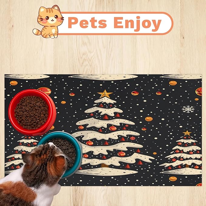 Christmas Tree Dog Food Mat for Floors Absorbent, Quick Dry Water Dispenser Mat for Food, Water, Pet Supplies 17" x 30", Xmas