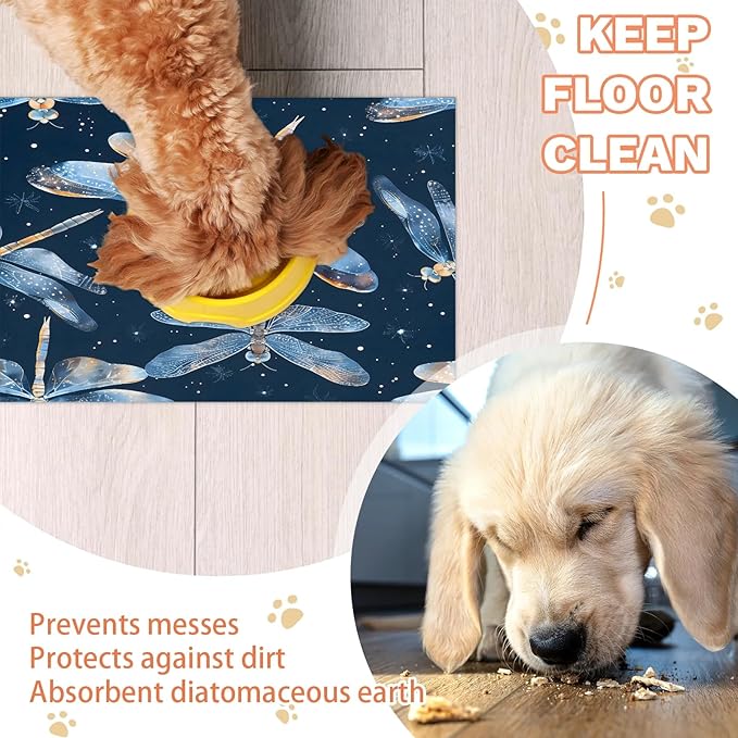 Boho Dragonfly Dog Food Mat for Floors Absorbent, Quick Dry Water Dispenser Mat for Food, Water, Pet Supplies 24" x 32", Galaxy Star