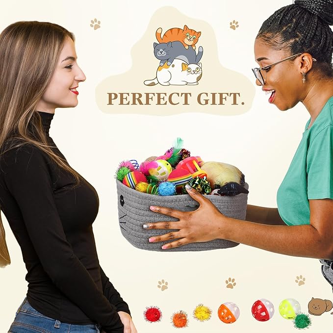 Zopeal 58 Pcs Easter Cat Storage Basket Gift Toys Set, Colorful Flashing Balls Pet Bell Crinkle Balls Spring Toys Attract Cat to Swat, Hunt, Interactive for Pet(Grey,9.8 Inch)