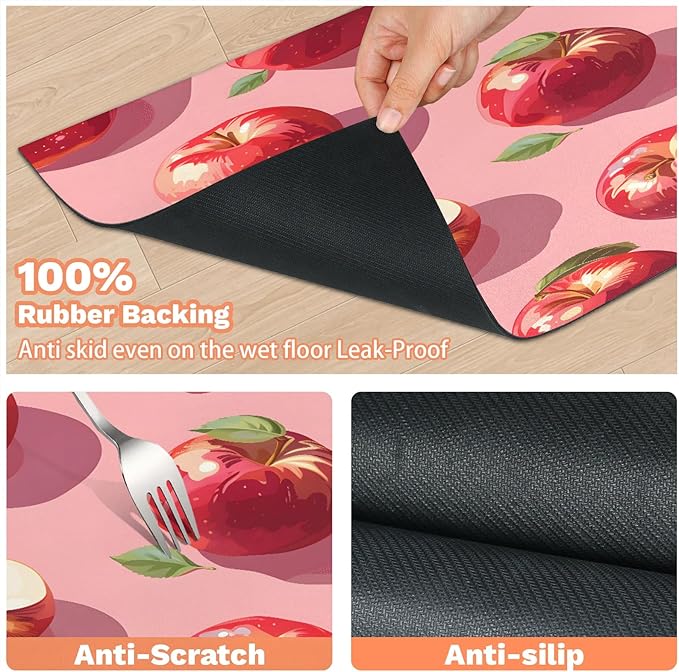 Red Apples Dog Food Mat for Floors Absorbent Dog Bowl Mat for Food and Water Dispenser Quick Dry Cat Food Placemat Pet Supplies 12" x 20", Green Leaves