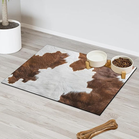 Cow Print Dog Food Mat for Floors Absorbent Dog Bowl Mat for Food and Water Dispenser Quick Dry Cat Food Placemat Pet Supplies 24" x 32", Brown Cow Skin