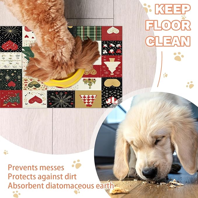 Santa Claus Dog Food Mat for Floors Absorbent, Quick Dry Water Dispenser Mat for Food, Water, Pet Supplies 12" x 20", Xmas Trees