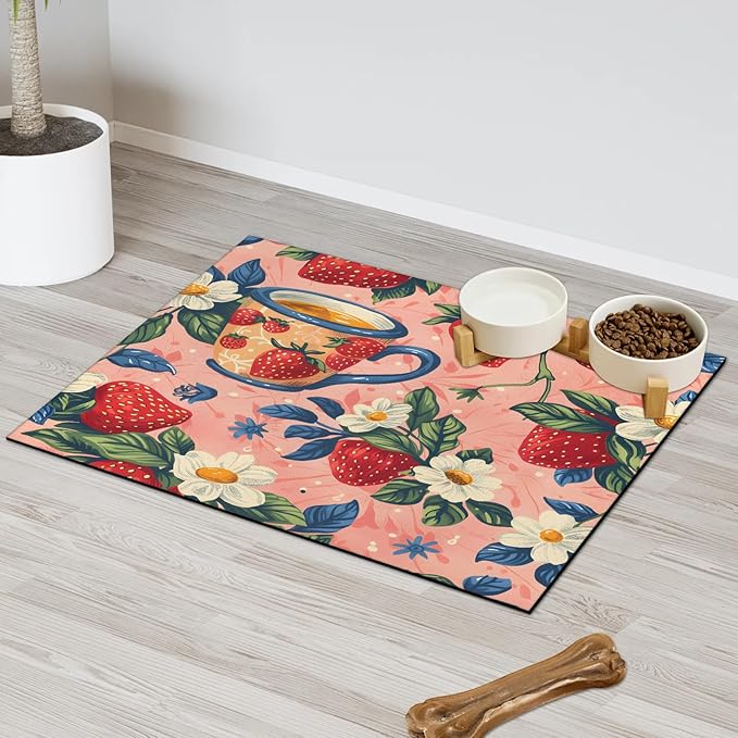 Red Strawberry Dog Food Mat for Floors Absorbent Dog Bowl Mat for Food and Water Dispenser Quick Dry Cat Food Placemat Pet Supplies 24" x 32", Flower