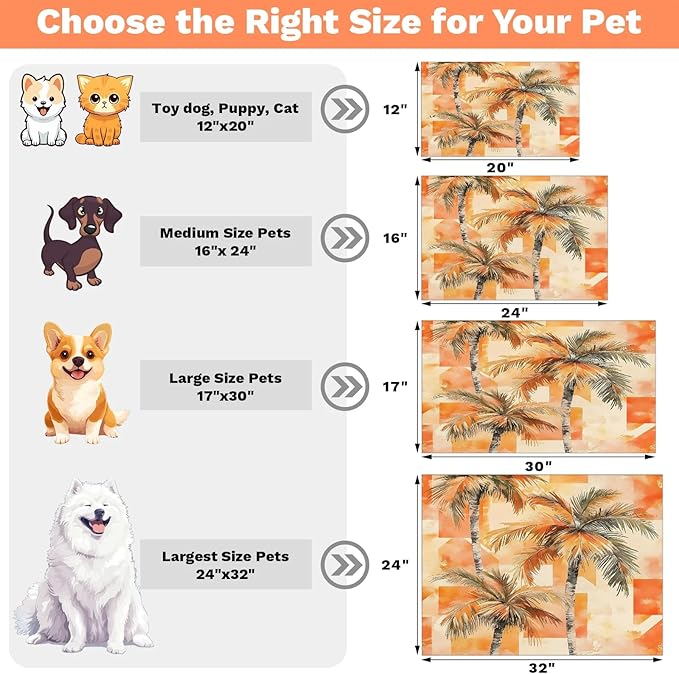 Palm Trees Dog Food Mat for Floors Absorbent, Quick Dry Water Dispenser Mat for Food, Water, Pet Supplies 24" x 32", Orange Hawaii