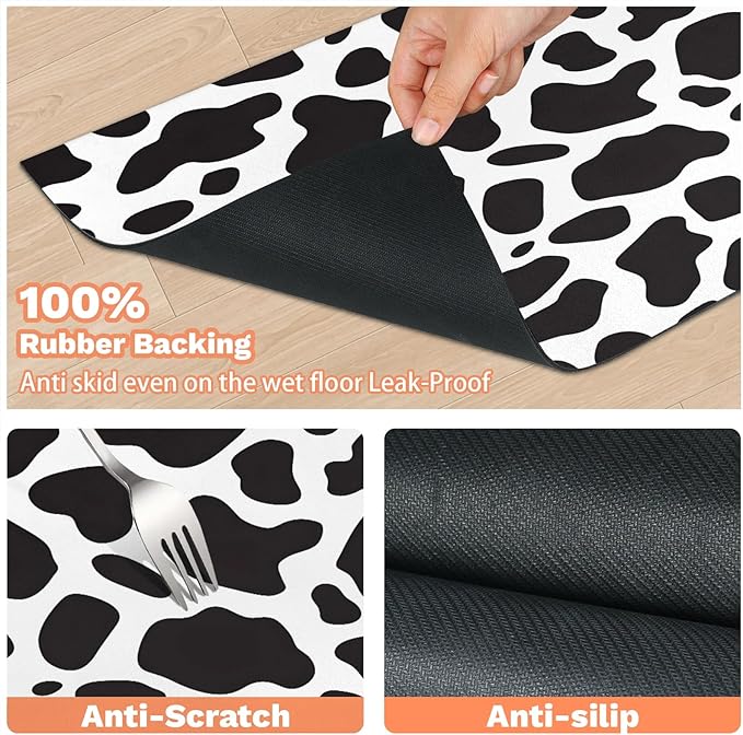 Cow Print Dog Food Mat for Floors Absorbent Dog Bowl Mat for Food and Water Dispenser Quick Dry Cat Food Placemat Pet Supplies 16" x 24", Black White Skin