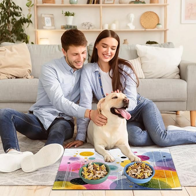 Polka Dot Dog Food Mat for Floors Absorbent Dog Bowl Mat for Food and Water Dispenser Quick Dry Cat Food Placemat Pet Supplies 24" x 32", Boho Geometric
