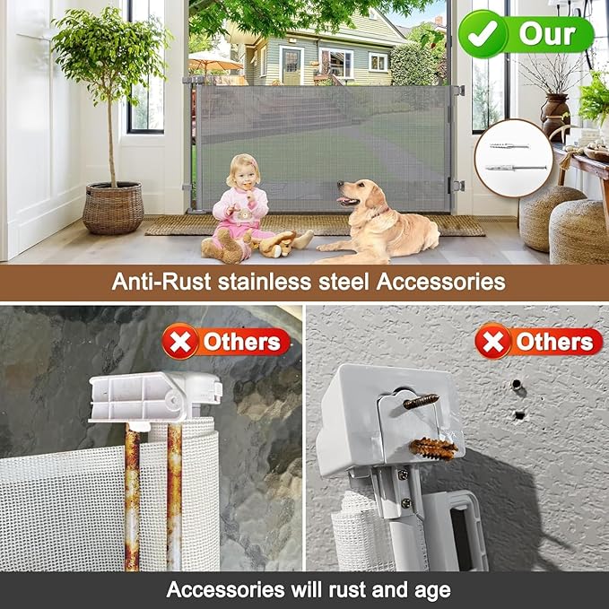 100" Wide Weatherproof Outdoor Retractable Dog Gate with No Rust Screws and Rods, Waterproof 8 Ft Retractable Baby Gates Extra Wide, Scratch-Resistant Mesh Long Baby Gates Indoor Extra Long, Gray