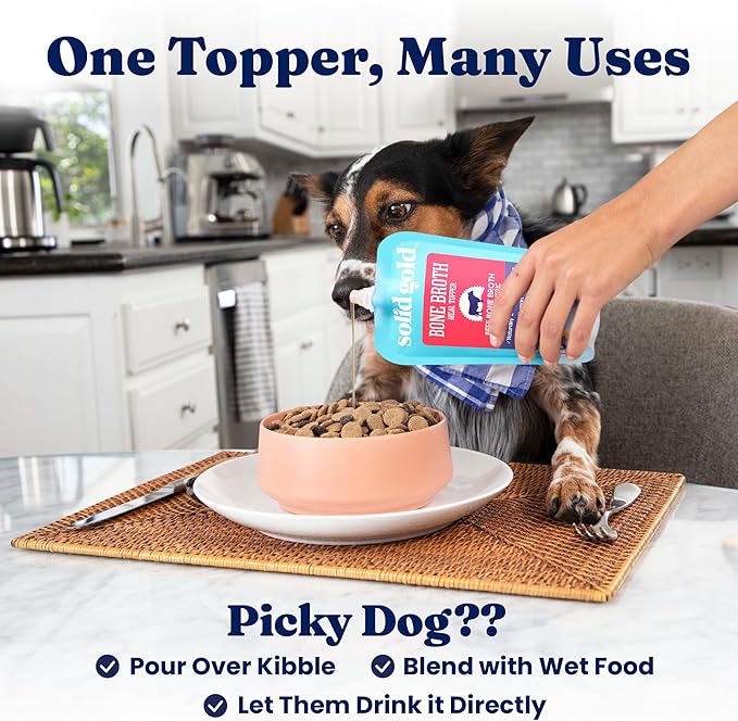 Solid Gold Beef Bone Broth for Dogs - Limited Ingredient Bone Broth Dog Food Toppers for Picky Eaters with Collagen & Superfoods - Dog Gravy Topper for Dry Food - Gut Health & Hydration - 6 Pack