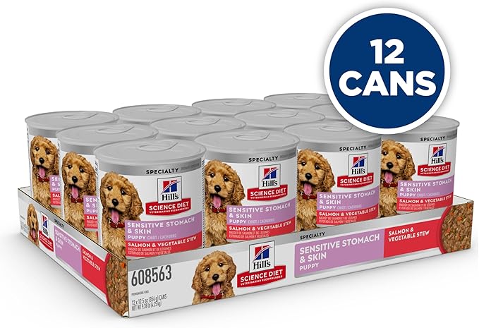 Hill's Science Diet Sensitive Stomach & Skin, Puppy, Stomach & Skin Sensitivity Support, Wet Dog Food, Salmon & Vegetable Stew, 12.5 oz Can, Case of 12