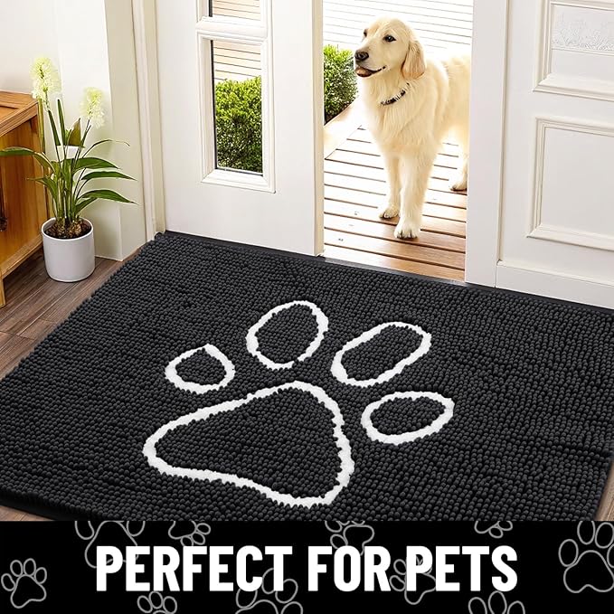 Smiry Dog Door Mat for Muddy Paws, Absorbent Dirt Trapper Non Slip Quick Dry Washable Chenille Mat for Mud Dogs, Entry Rug for Indoor and Outdoor (30x20 Inches, Black and White)