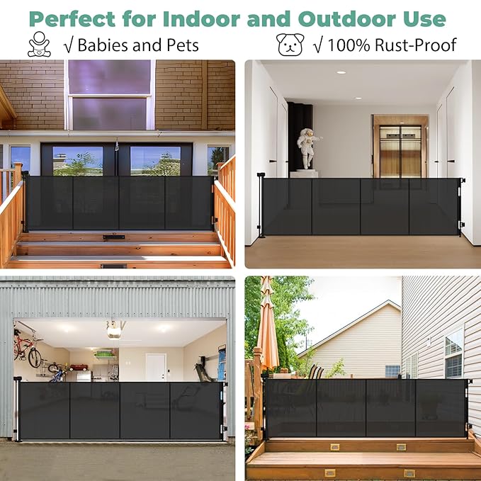 Reinforced 195 Inch Retractable Baby Gates Extra Wide Dog Gate with Support Rods – Prevent Crawling Under, 16ft Wide Retractable Fence Outdoor Retractable Gate Indoor Long Gates for Kids or Pets/Black