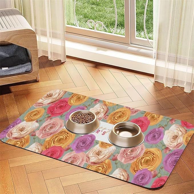 Dog Food Mats for Floors Absorbent Pet Cat Food Mat Happy Mother's Day Floral Gift for Mom Gp Non Slip Dogs Bowl Mats Water Dog Placemats Feeding Mat Pet Supplies 24x16In