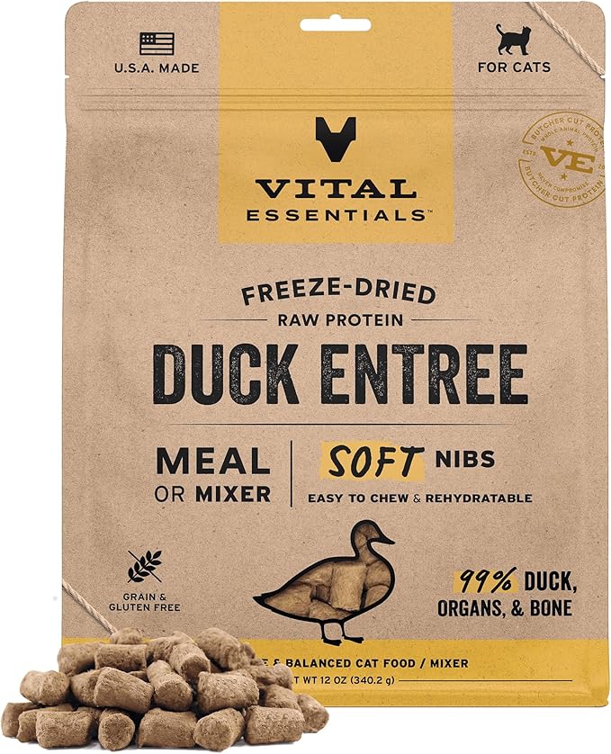 Vital Essentials Freeze Dried Cat Food, Raw Duck Soft Nibs | Complete Meal or Topper | 99% Duck, Organs & Bone | Limited Ingredient, High Protein, Grain Free Dry Cat Food | 12 oz Bag