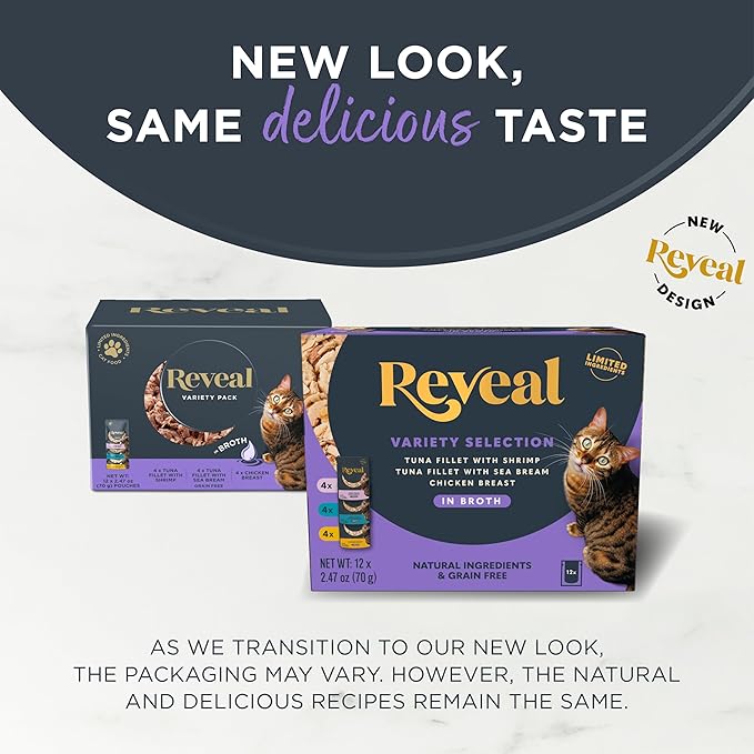 Reveal Natural Wet Cat Food, 12 Count, Grain Free, Limited Ingredient Cat Food Pouches, Fish and Chicken Variety in Broth, 2.47 oz Pouches