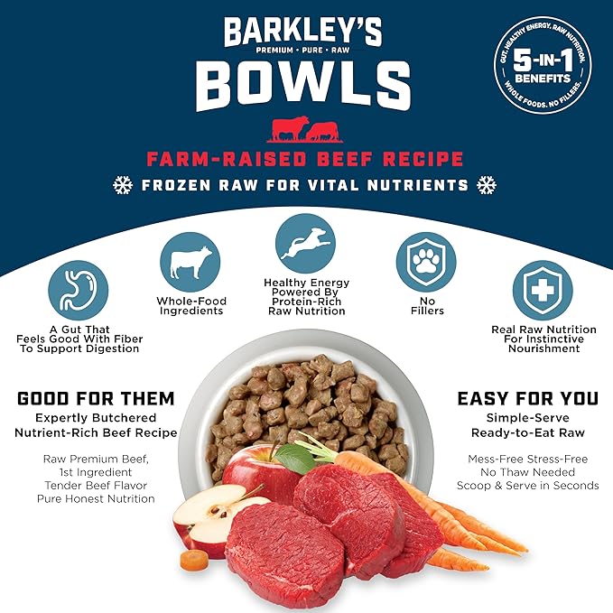 Barkley’s Bowls, Frozen Raw Beef Dog Food, Fresh Whole Food Ingredients with Farm-Raised Beef, Grain Free, High Protein, Dog Food Toppers, Frozen Meals, Human Grade Ingredients, 4 lb (3 Pack)