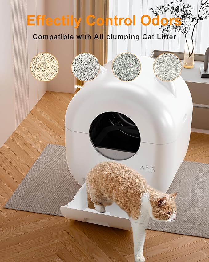 Automatic Cat Litter Box, Self Cleaning Cat Litter Box for Multiple Cats with Large Capacity, App-Controlled Safety Sensor, Odor-Free Waste Disposal,1 Roll of Trash Bags, White (White-2.0)