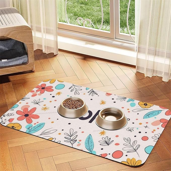 Pet Feeding Mats with Residue Collection Happy Mother's Day Floral Gift for Mom Kt Waterproof Dog Cat Bowl Mat 24x16In with Prevent Water Food Spills