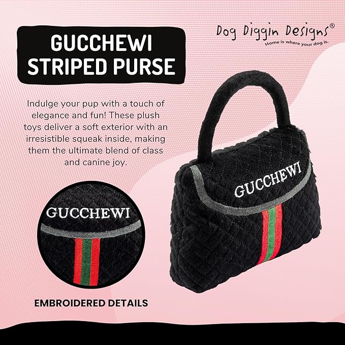 Dog Diggin Designs Gucchewi Striped Plush Dog Toy Purse | Luxury-Inspired Parody Designer Handbag with Squeaker, Soft Plush Fashion Dog Toy – Haute Couture Purses & Handbags