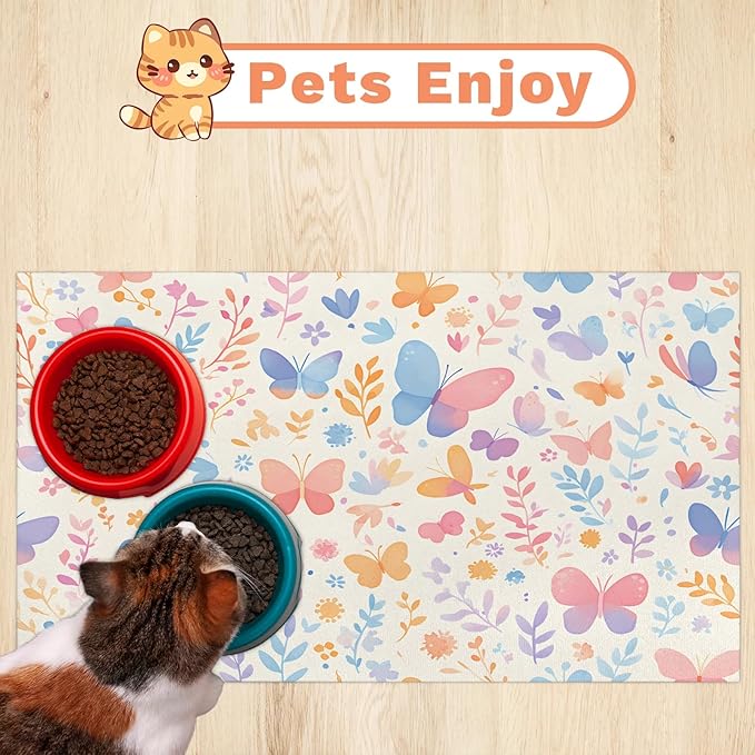 Wildflower Butterfly Dog Food Mat for Floors Absorbent, Quick Dry Water Dispenser Mat for Food, Water, Pet Supplies 16" x 24", Leaf Plant