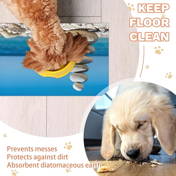 Stone Dog Food Mat for Floors Absorbent, Quick Dry Water Dispenser Mat for Food, Water, Pet Supplies 24" x 32", Hawaiian Beach