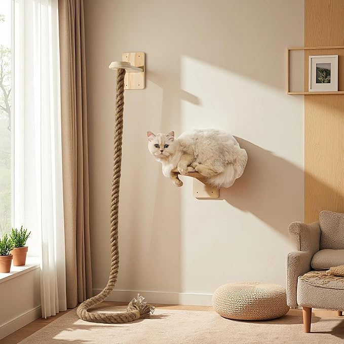 Cat Scratching Post Wall-Mounted Cat Ladder, Cat Tree with Durable Climbing Rope & Space-Saving Cat Furniture for Indoor Cats - Easy Installation & Sturdy Design
