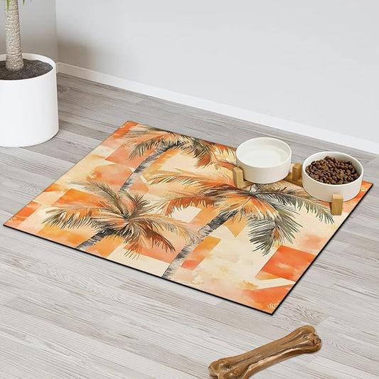 Palm Trees Dog Food Mat for Floors Absorbent, Quick Dry Water Dispenser Mat for Food, Water, Pet Supplies 12" x 20", Orange Hawaii