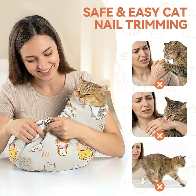 BFNN Cat Grooming Wrap for Cutting Nails, 27.6" Anti-Escape Calming Cat Swaddle Wrap for Medicine, Nail Clipping, Teeth Brushing, Ear Cleaning, Self-Adherent Burrito Restraint, (CatLand, L)