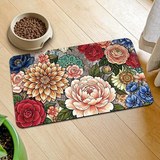 GLOBLELAND Vintage Mandala Flowers Pet Food Mat for Floors 11.8×20 inch Dogs Food Mats Absorbent Dog Bowl Mat Quick Dry Dog Cat Pet Placemats Pets Supplies for Water Dispenser