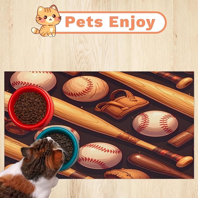 Vintage Baseball Dog Food Mat for Floors Absorbent, Quick Dry Water Dispenser Mat for Food, Water, Pet Supplies 24" x 32", Sport Theme