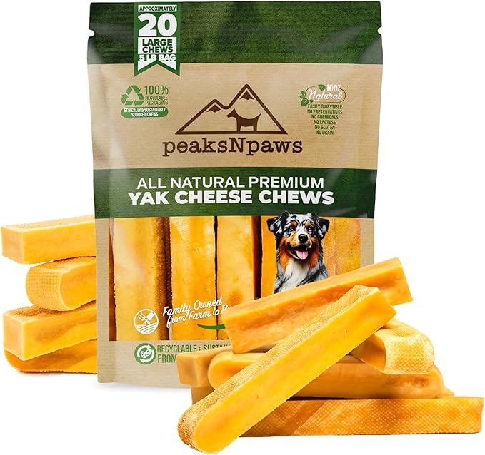 PeaksNpaws Yak Cheese, High Protein, Himalayan Dogs Chews, Natural Dog Treats, Lactose Free, Long Lasting Dogs Treat for Aggressive Chewers Under 55 lbs 20 Large Chew Sticks